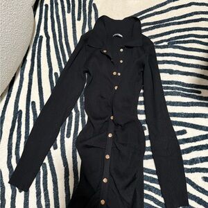 Black Ribbed Button-Up Dress